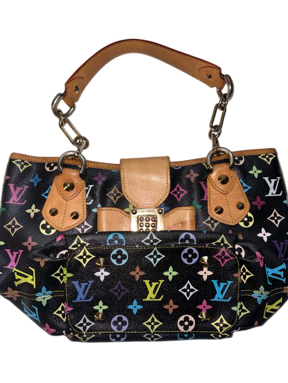 Black Multicolor Monogram Canvas Shoulder Bag with Bow Accent